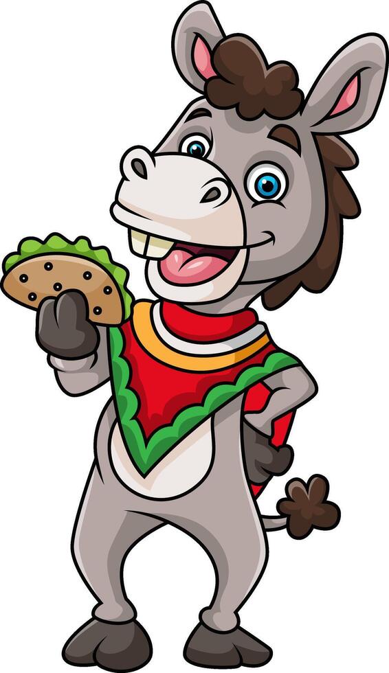 Donkey eating taco and wearing poncho , cartoon character vector
