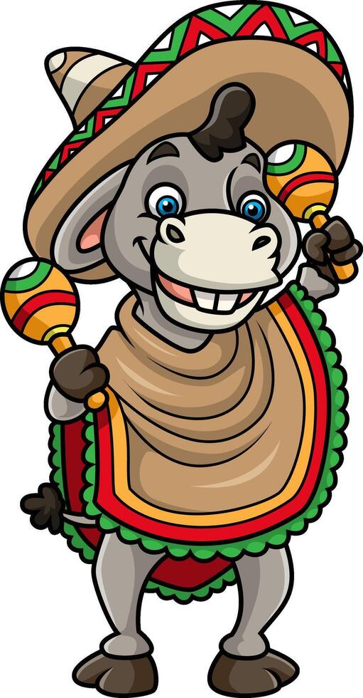 Donkey in Mexican sombrero hat and poncho with maracas vector
