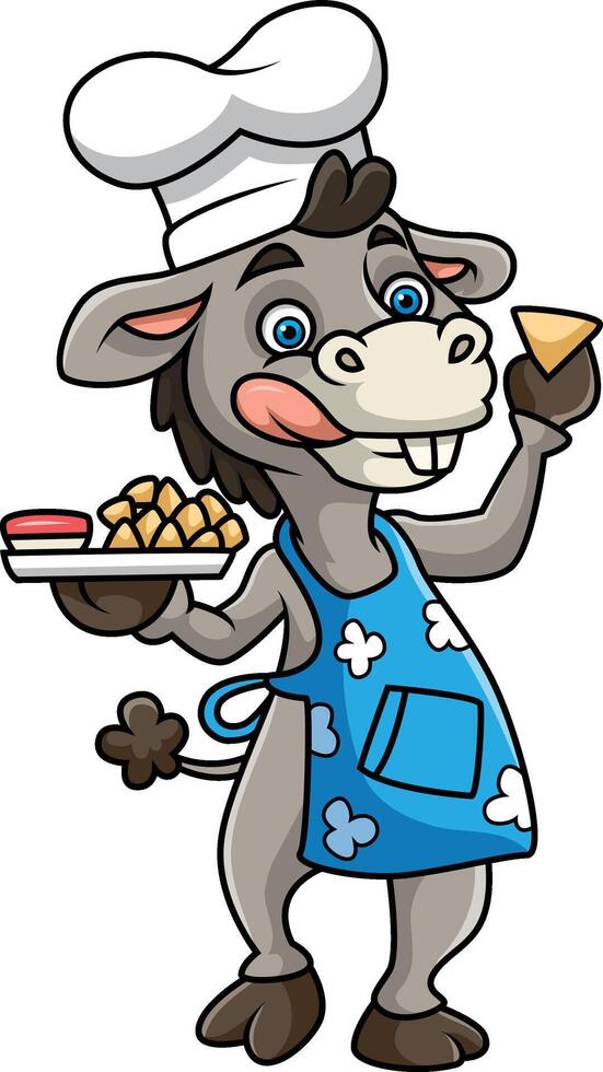 Donkey wearing apron and chef hat holding plate vector