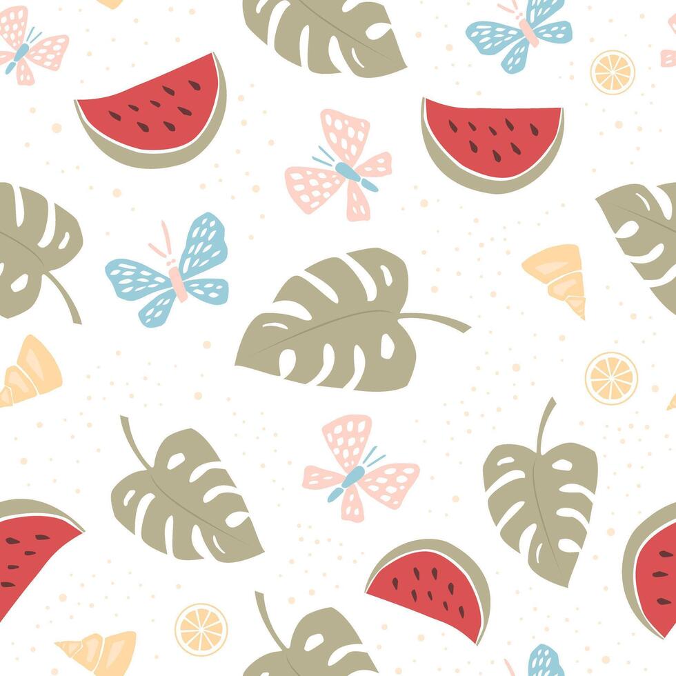 Seamless summer pattern with watermelon and monstera leaves vector