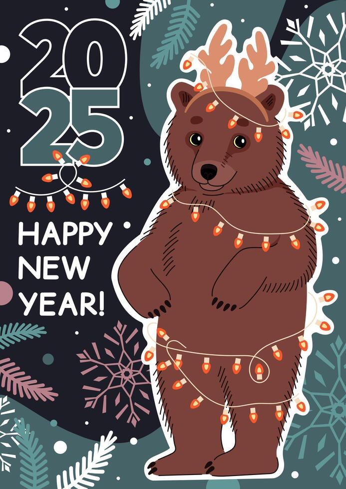 Happy New Year 2025 vertical banner with cute bear and winter elements. flat illustration in trendy colors. vector