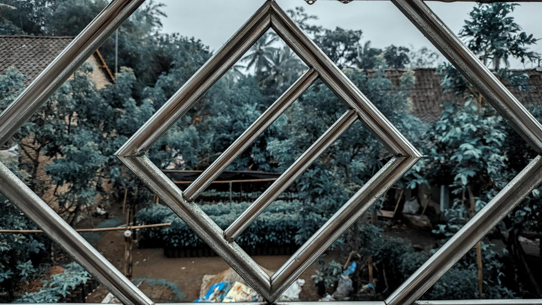 A view of a window with a diamond pattern photo