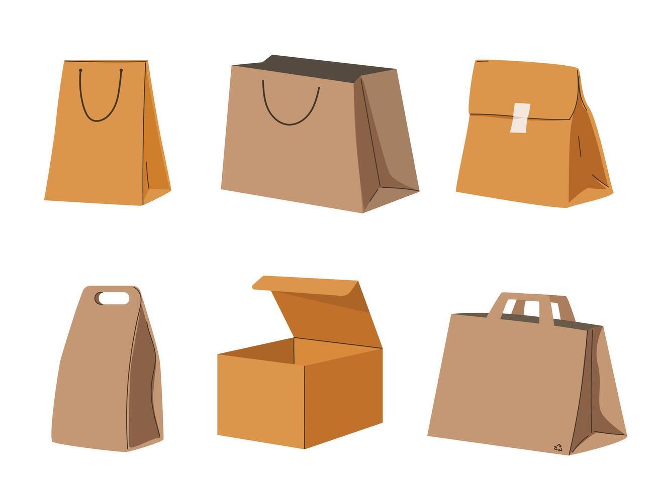 Set recycling paper eco bags. ardboard box, kraft paper pack, shopping bag vector
