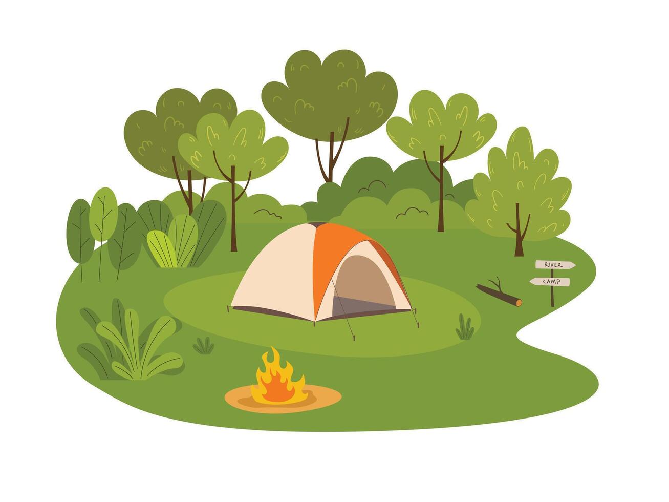 Camping tent. Tourist campsite, outdoor adventure, campground in forest, vacation vector