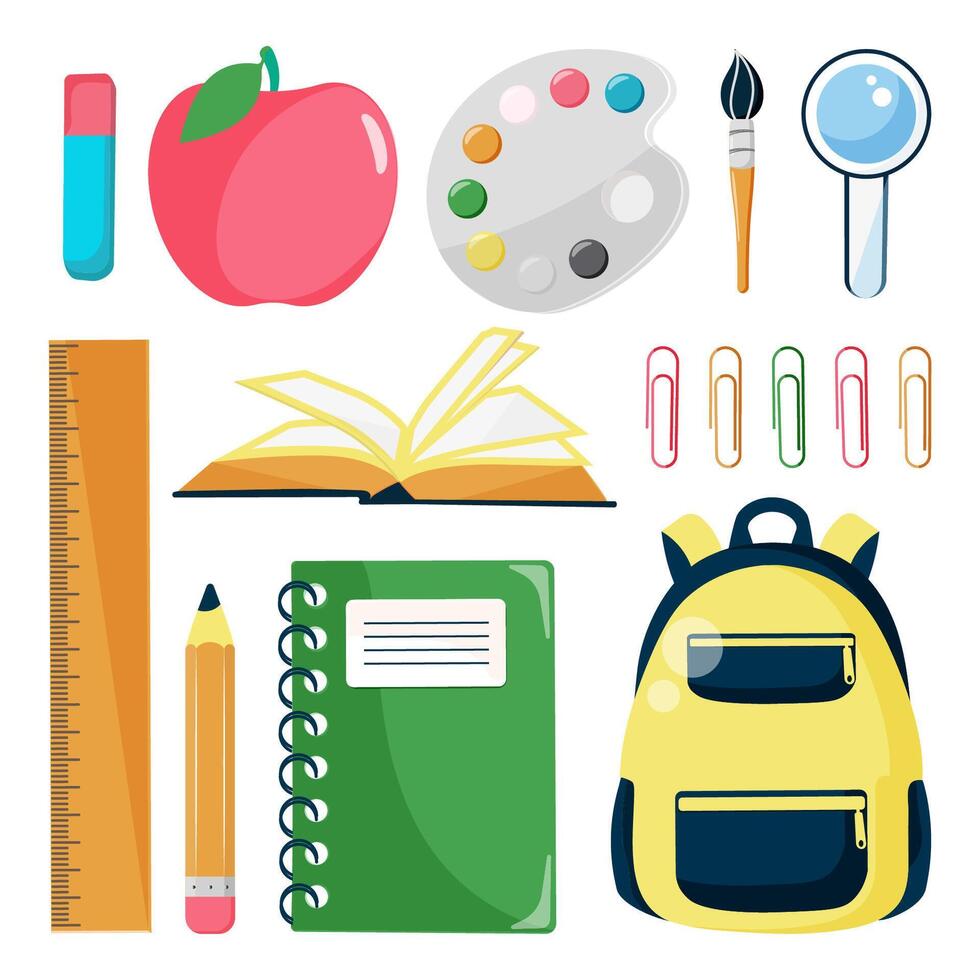 set of school supplies isolated on white background. back to school. flat style illustration. vector