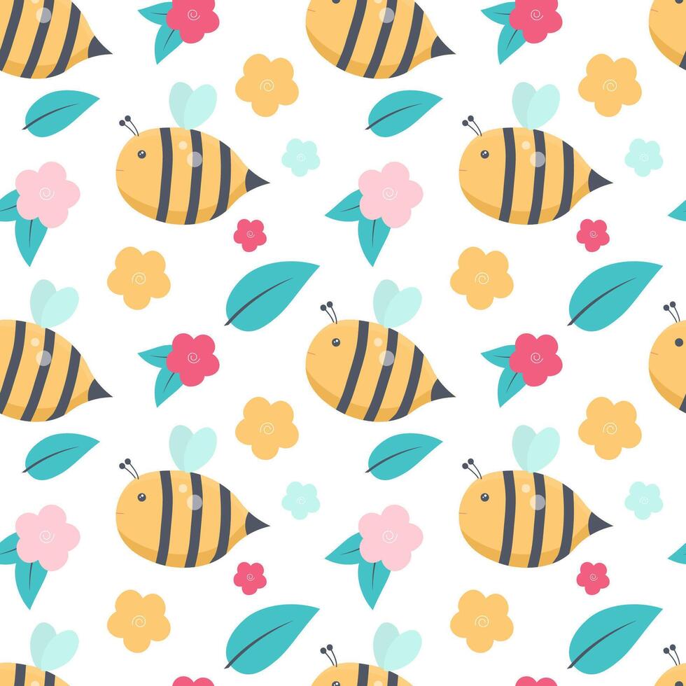 seamless background with bee, flowers and leaves on a white background.Children's summer pattern. vector
