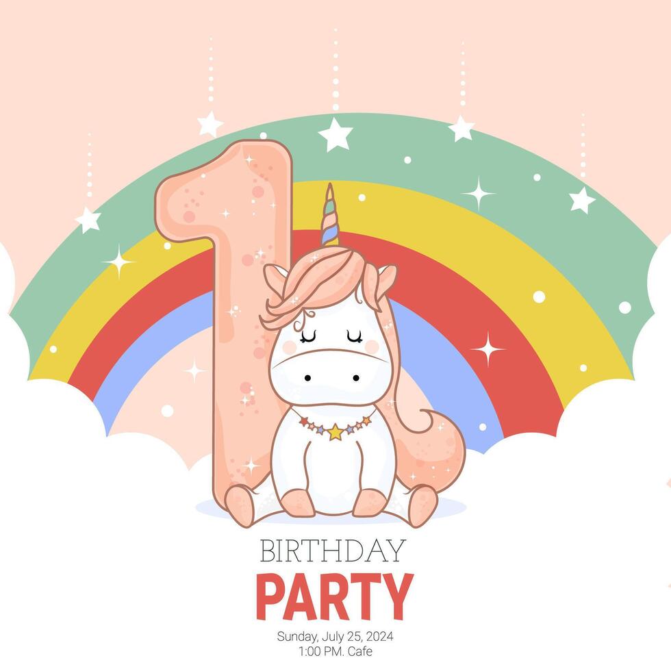 Birthday invitation with baby unicorn. vector