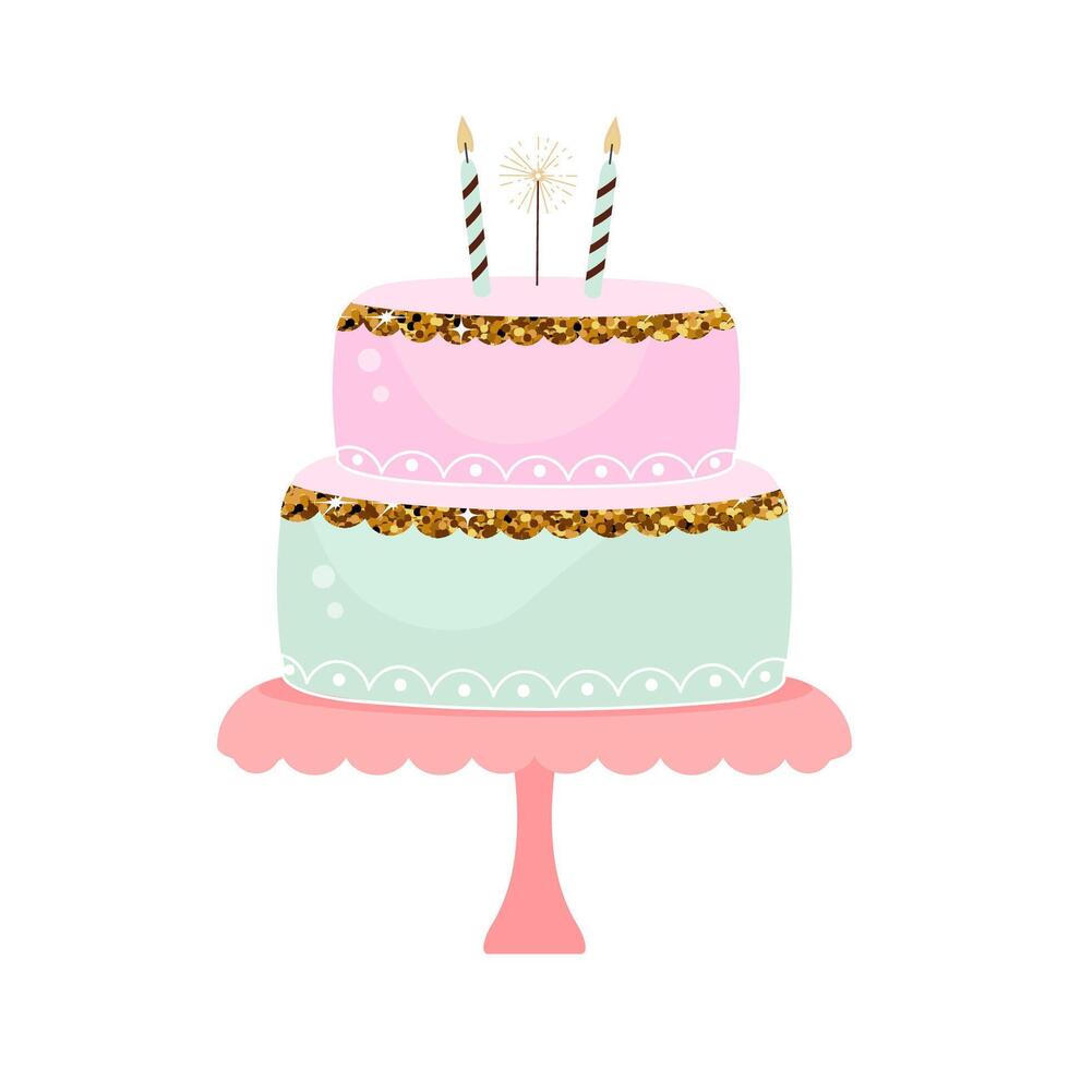 Birthday cake with candles and fireworks in pastel colors. Birthday, wedding or anniversary. illustration in flat style. vector