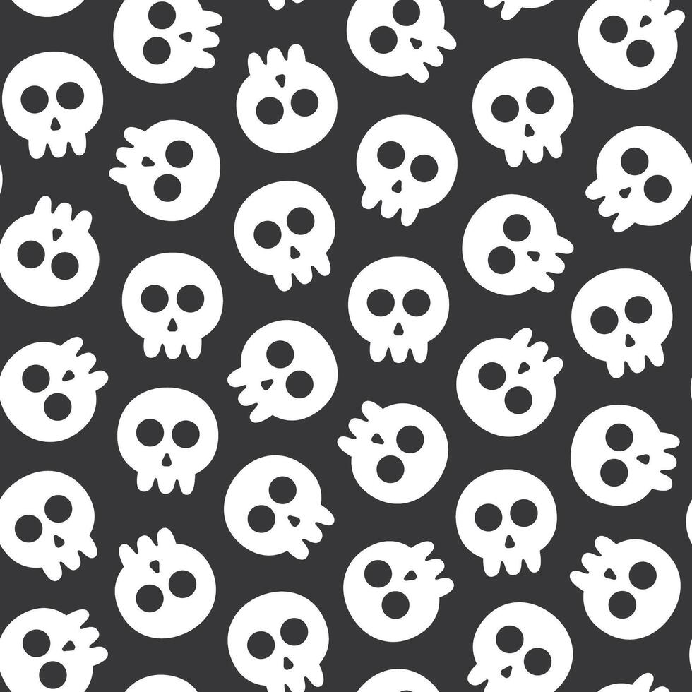 Seamless pattern of cartoon white skull head on a black background, suitable for designing textiles, clothes, fabric, fashion, wrapping paper and others vector