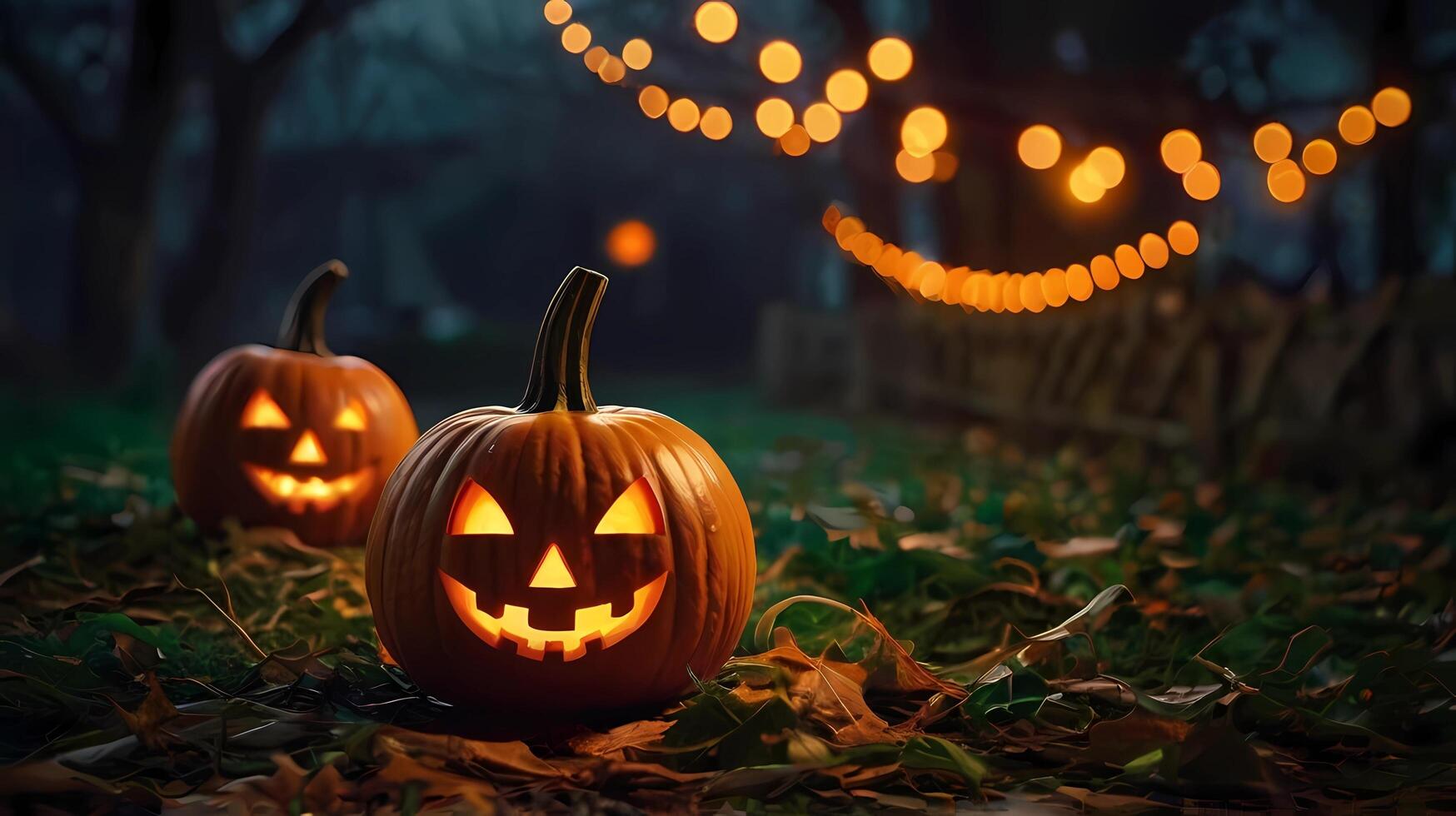 Halloween Event with Glowing Pumpkins and Bokeh Background. Charming, Premium Illustration for Upscale Celebrations. Perfect for Banners and Posters. Spooky Jack-O'-Lanterns for Halloween Festivities photo