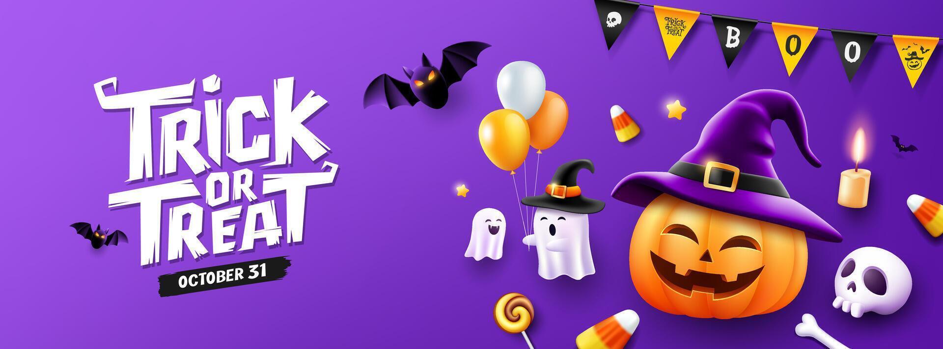 Happy Halloween, trick or treat text message, pumpkin hat smile, Ghost holding a balloon, bat flying, banner design on purple background vector