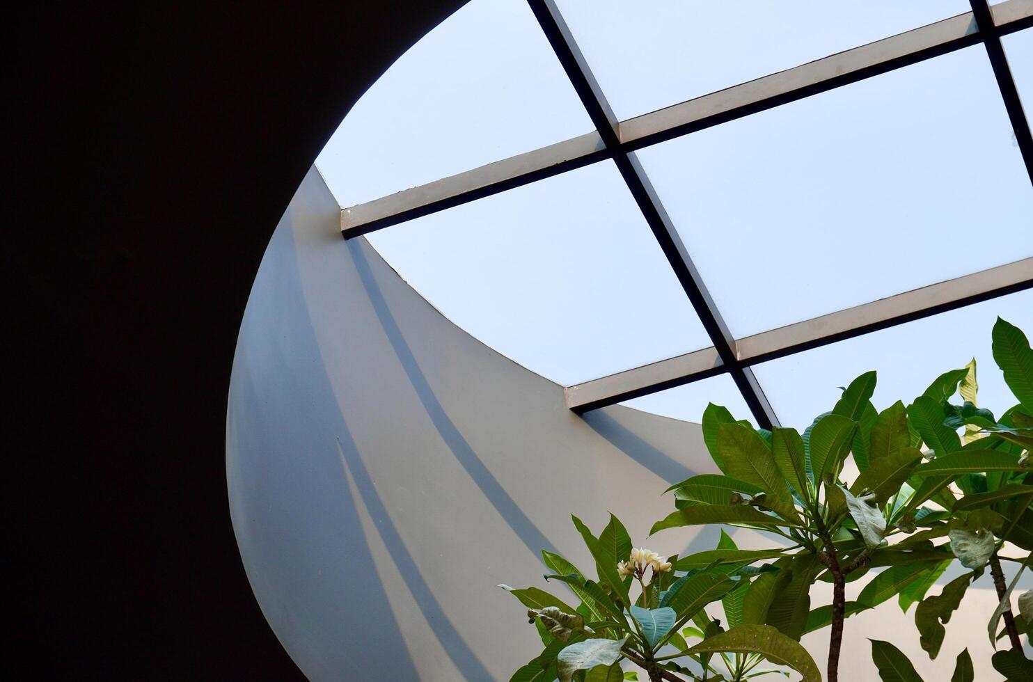 Home roof ceiling with round window glass structure and green tree leaves isolated on horizontal ratio background. photo