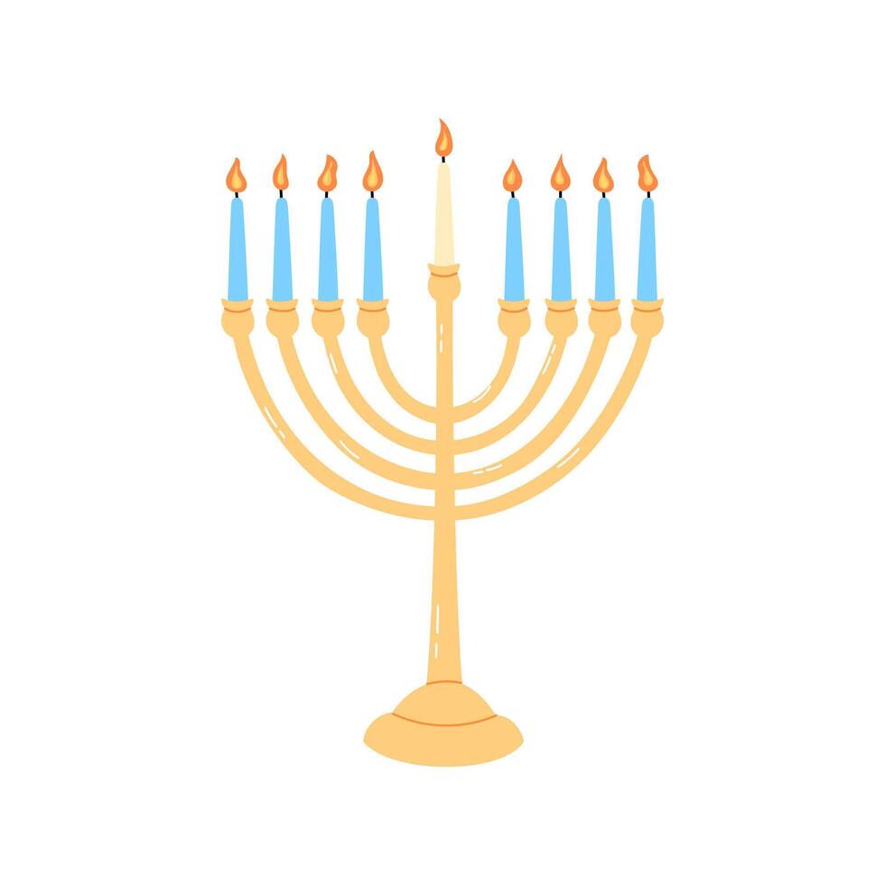 Hanukkah menorah isolated. Traditional Jewish chanukiah candle holder with nine lit candles on white background. Festival of lights symbol flat illustration. vector