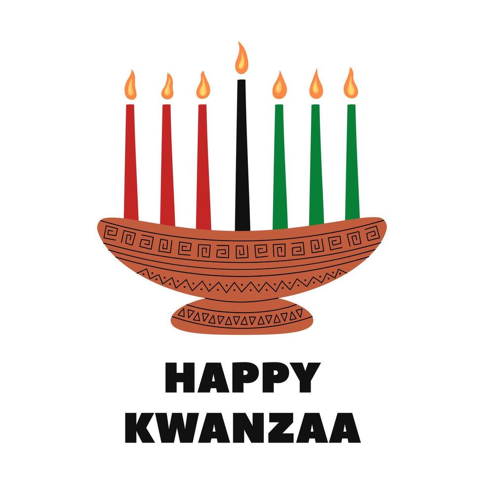 Happy Kwanzaa holiday. square poster illustration of African kinara Kwanzaa symbol and text. Seven candles in candle holder with traditional ornament. vector
