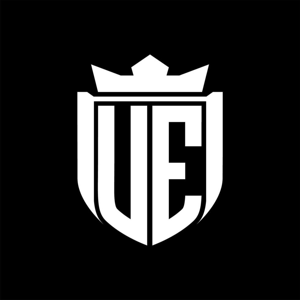 UE Letter logo shield shape inside shield badge crown on black background template design vector