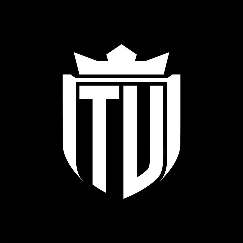 TU Letter logo shield shape inside shield badge crown on black background template design vector
