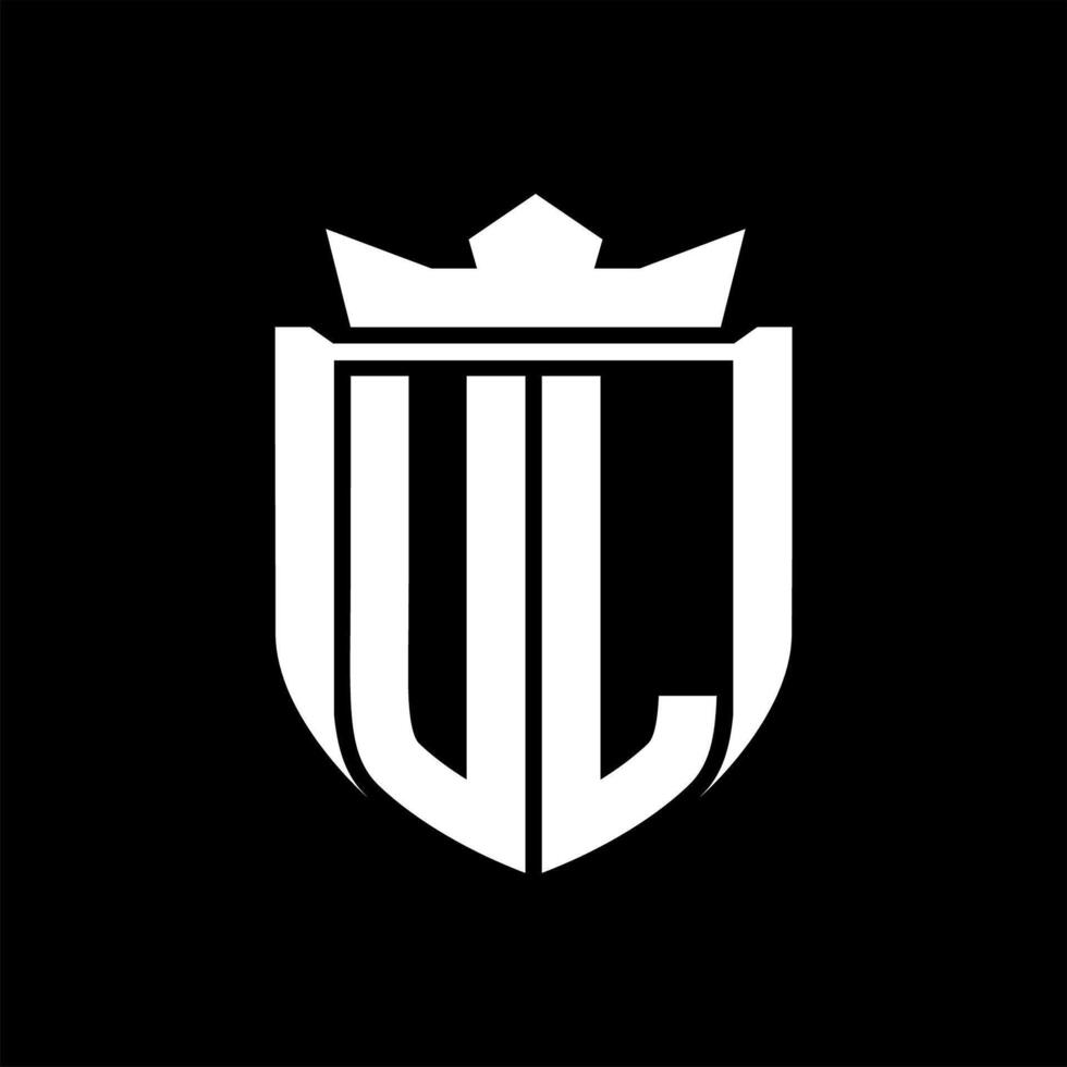 UL Letter logo shield shape inside shield badge crown on black background template design vector