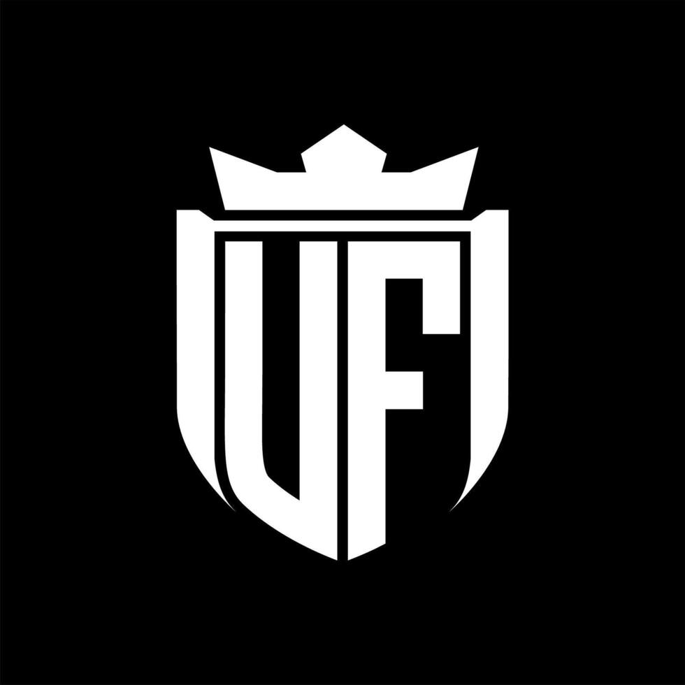 UF Letter logo shield shape inside shield badge crown on black background template design vector