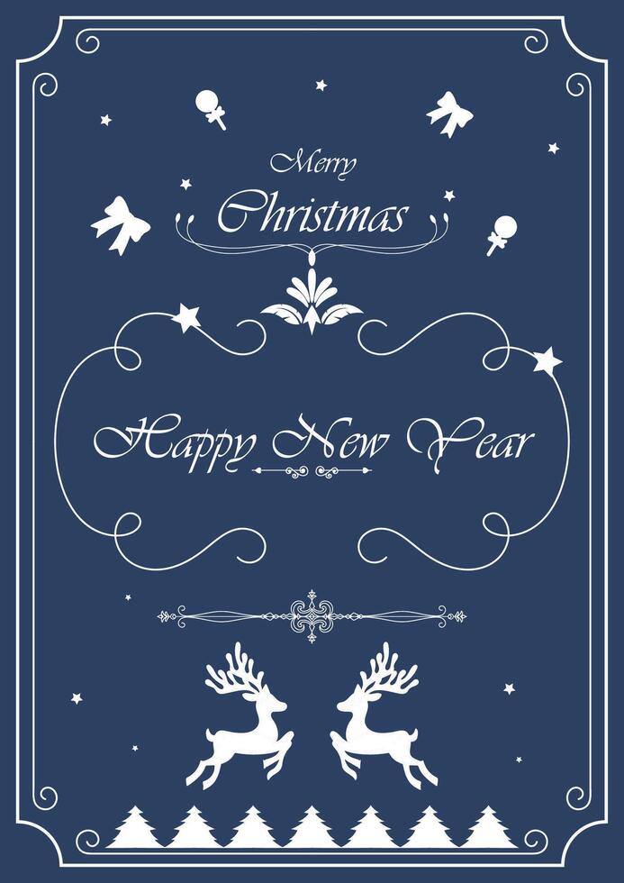 Christmas greeting card and happy new year White graphic element on blue night background. vector