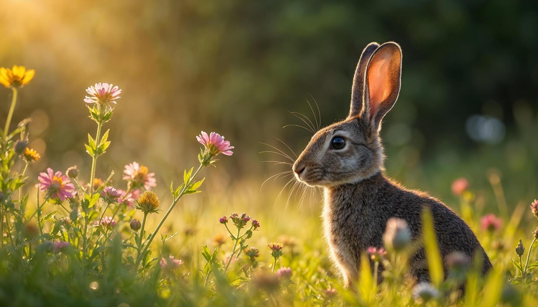 A rabbit is sitting in a field with flowers photo