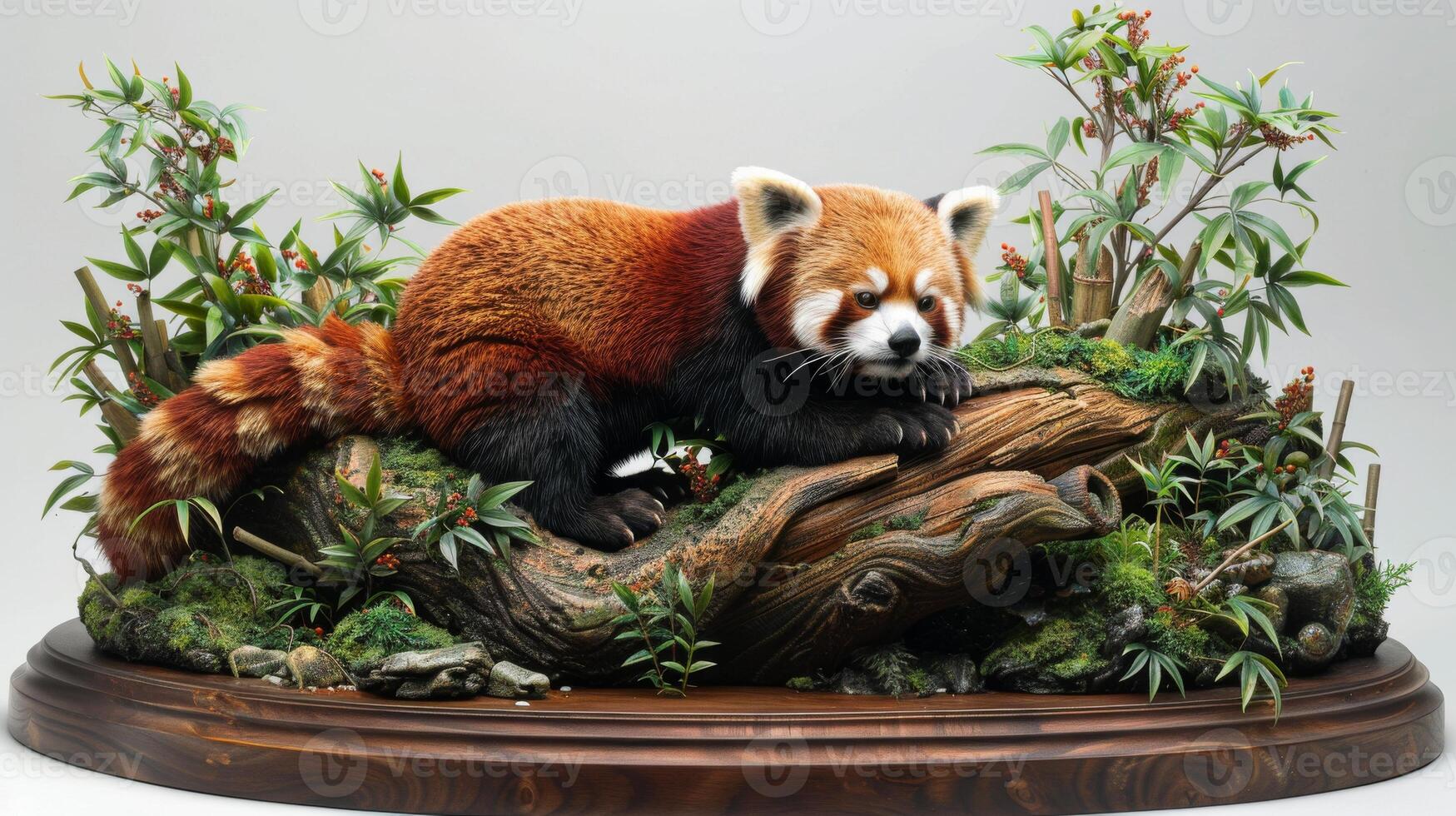 Red panda in a lush setting, realistic foliage and bamboo composition on white background. Wildlife photo