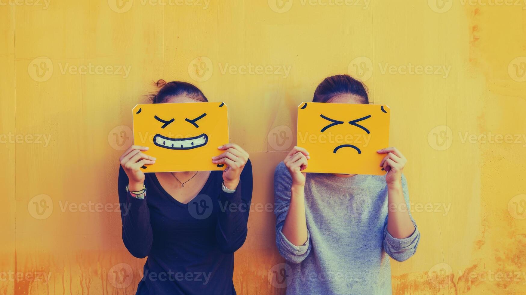 Two girls holding yellow emoji cards in front of their faces, one with smiling emoji, the other sad photo