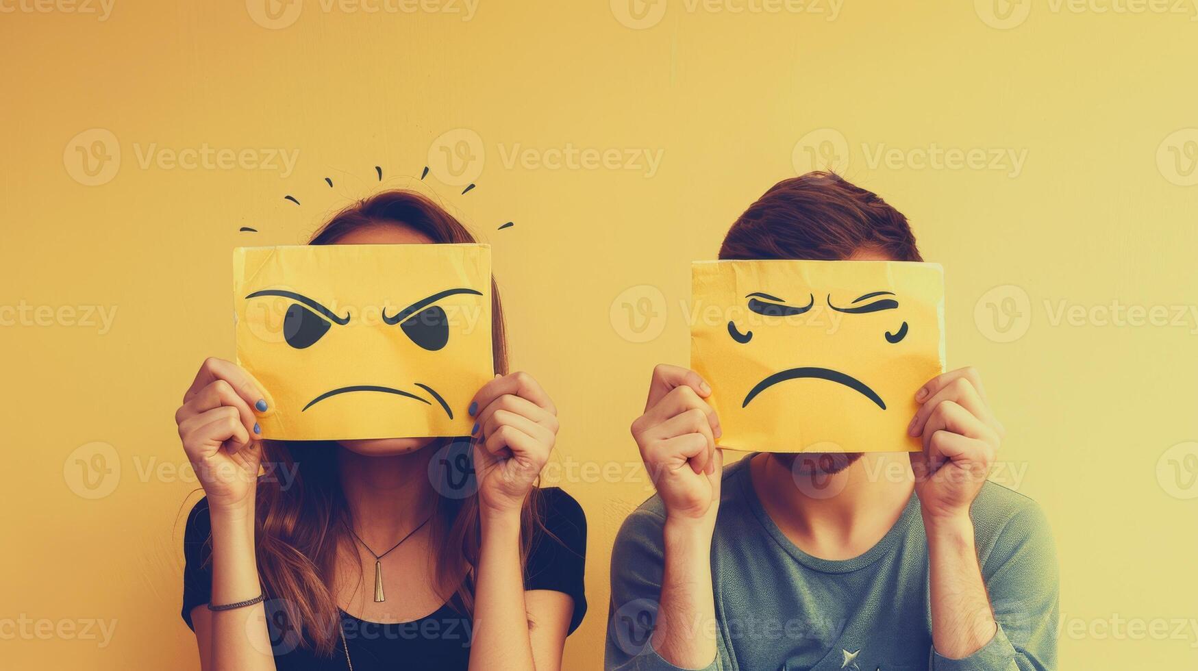 A man and woman hold sad and frustrated emoji cards over their faces in front of bright yellow wall photo