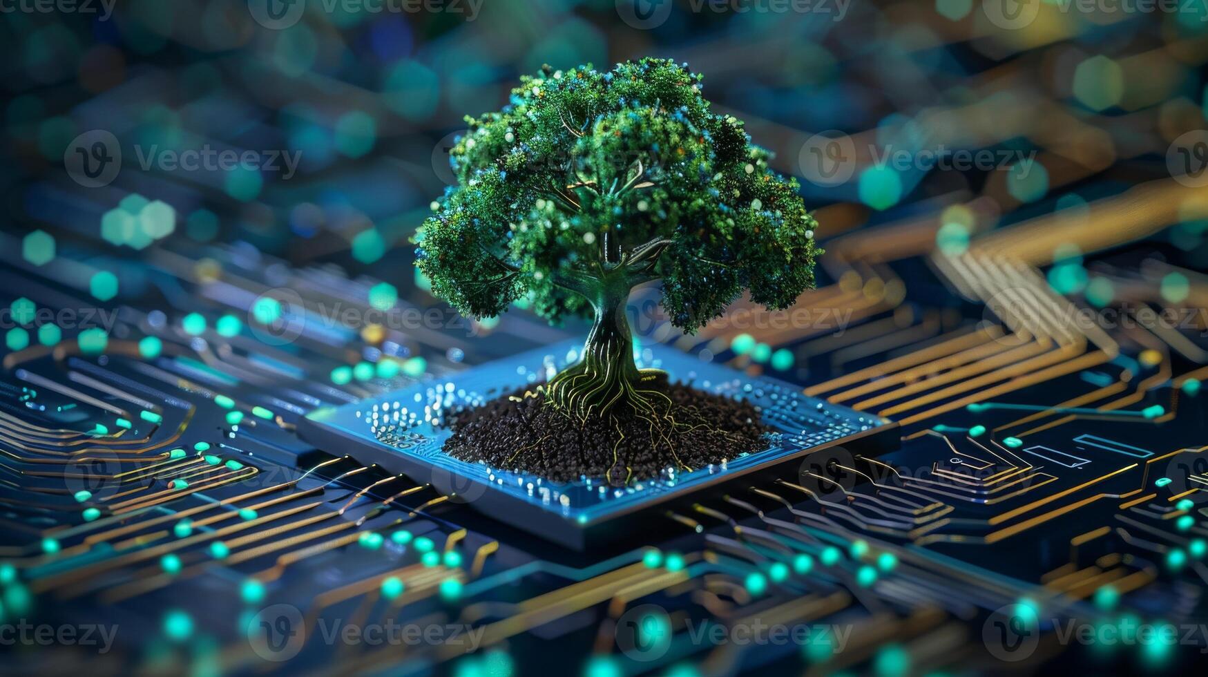 Tree growing on converging point of computer circuit board. Green Computing Technology and IT ethics photo