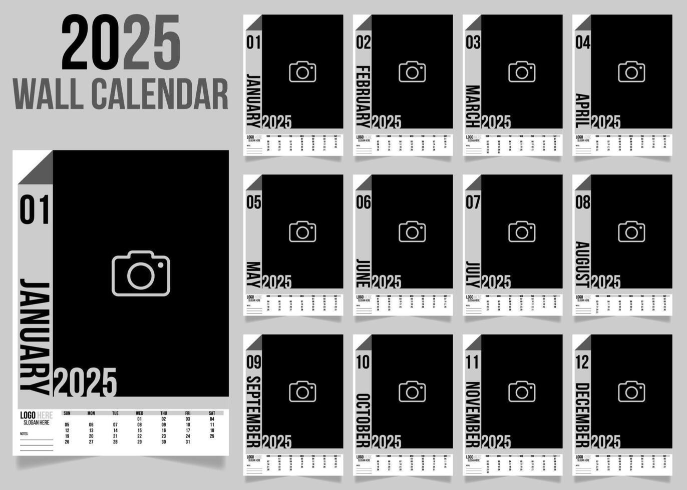 2025 Minimalist Trendy Wall Calendar Design - Set of 12 Pages Black and White Wall Calendar Template for Print vector
