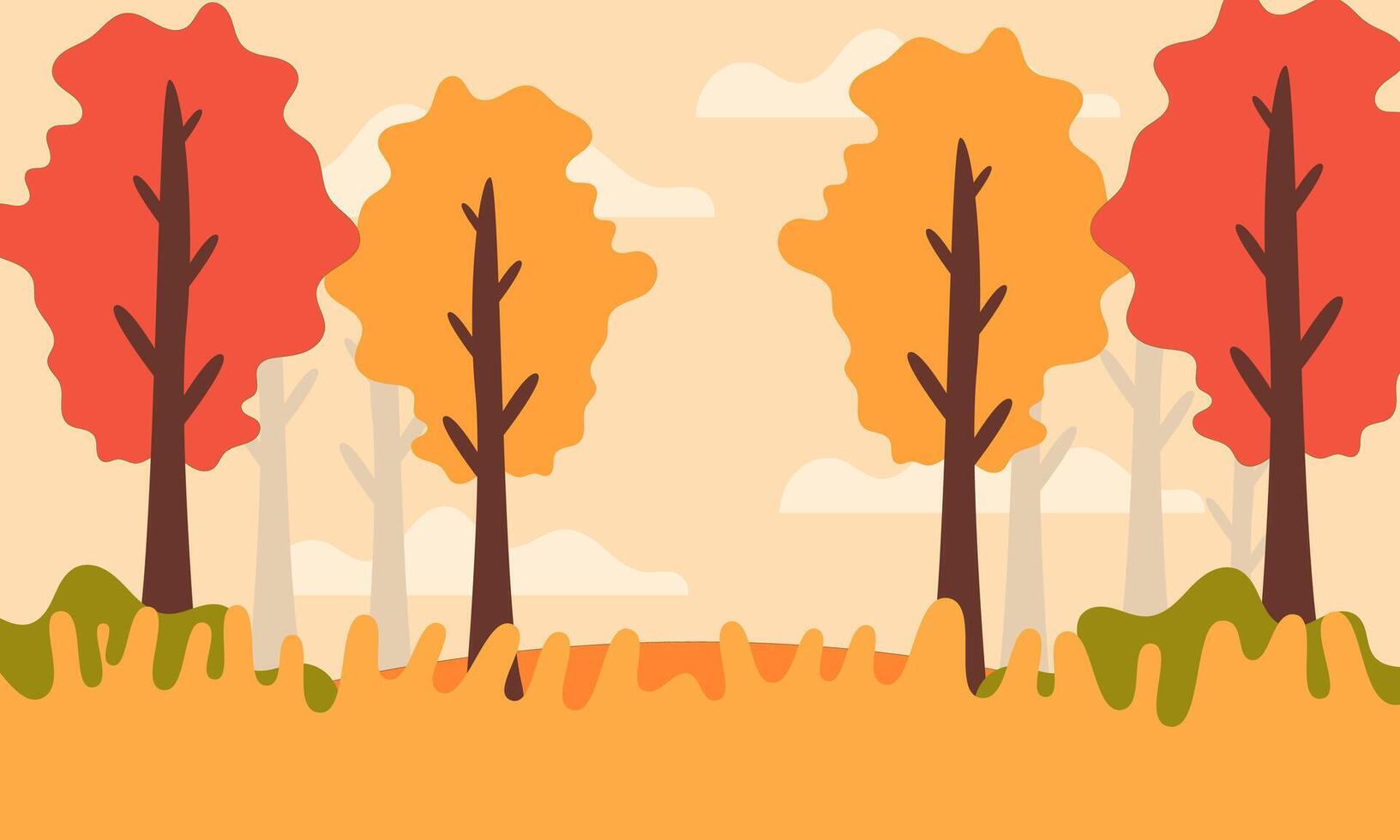 A vibrant autumn landscape with red and orange trees, clear skies, and lush greenery, capturing the essence of fall. vector