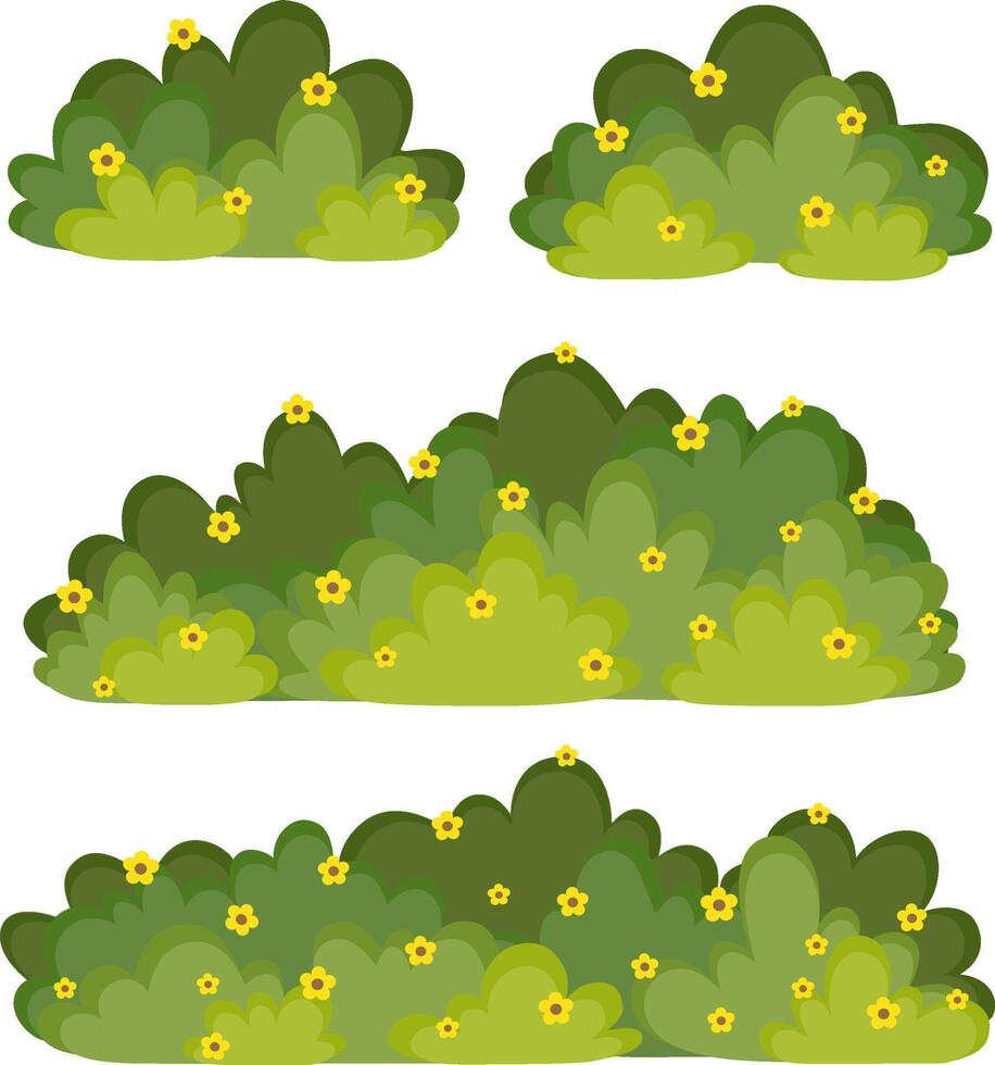 Set of Green Bushes with Flower. Simple Grass Element Collection. Flat Illustration on White Background vector