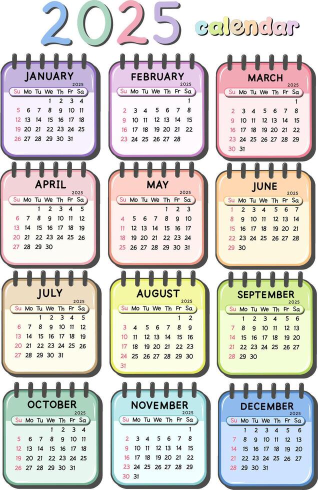 Calendar 2025 Colorful Calendar Template with Simple Design on White Background vector