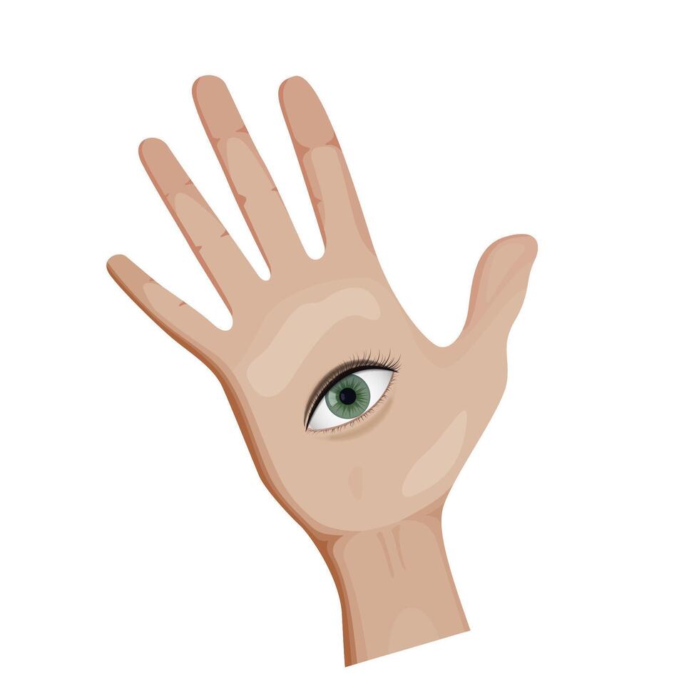 Human hand with an green eye in the palm symbolizing chiromancy and mystical insight. Fortune-telling and esoteric wisdom. vector