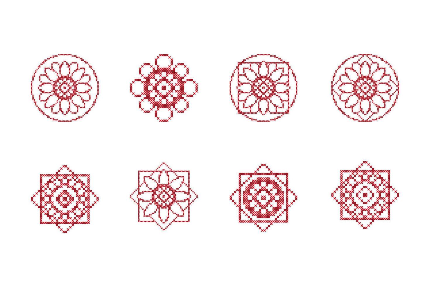 Traditional embroidery ornament print set. Red design on white background. Abstract folk geometric pattern. vector