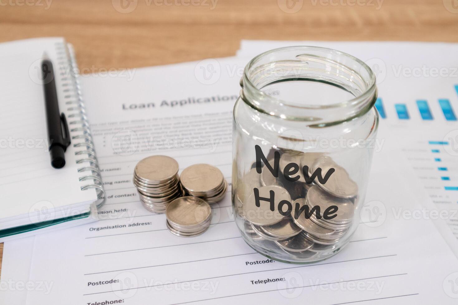 Coins in a glass jar for buy new home and loan application form on the wooden table. Borrowing money from the bank to buy new home concept. photo