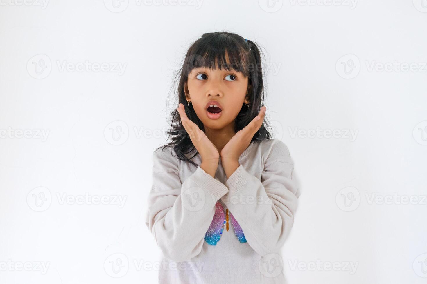 Portrait of a little Asian girl with a shocked expression, on a white background photo