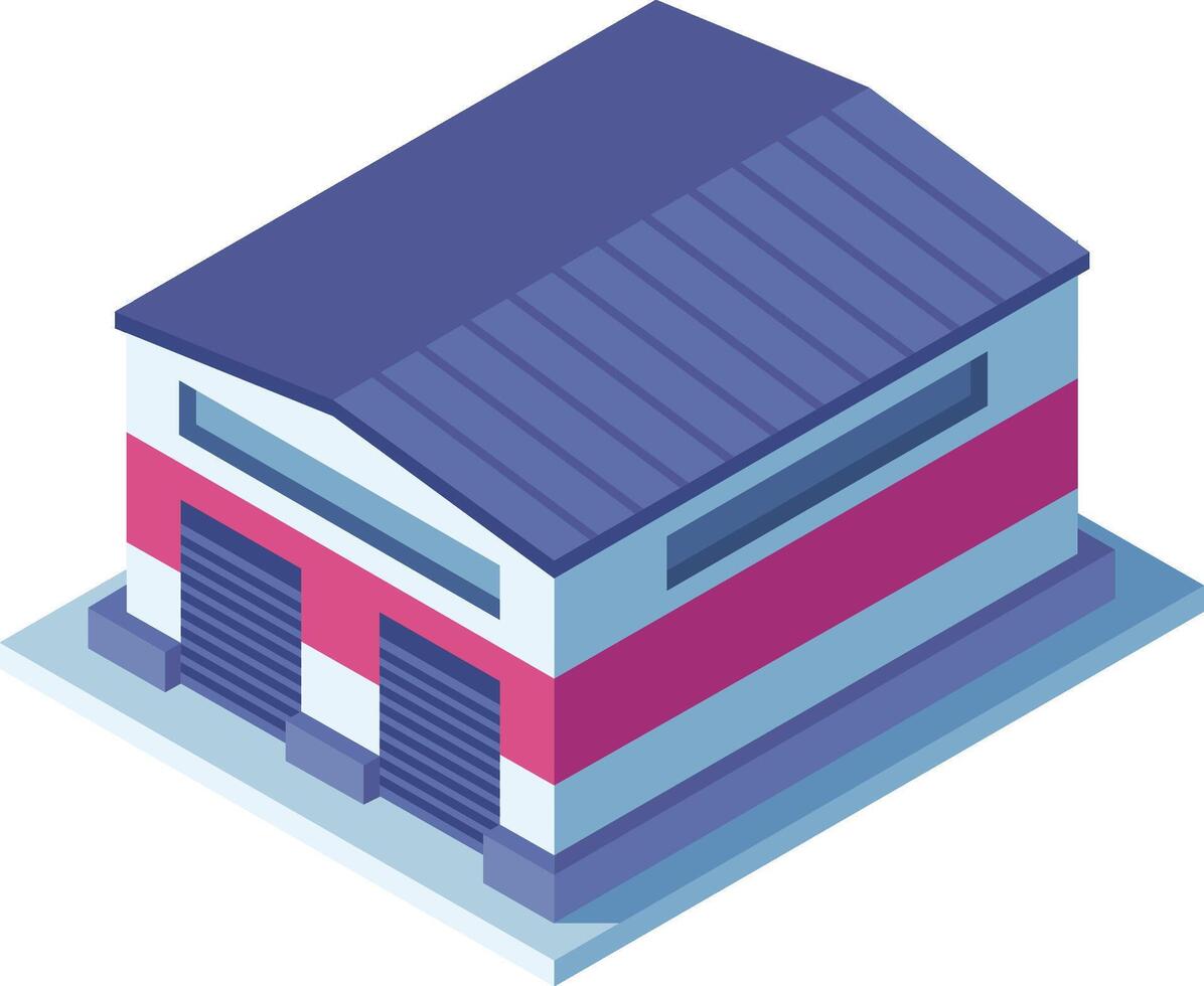 Isometric illustration of a modern warehouse with closed roller shutter doors, emphasizing logistics and industry. Commercial exterior design in blue and red, isolated on white vector