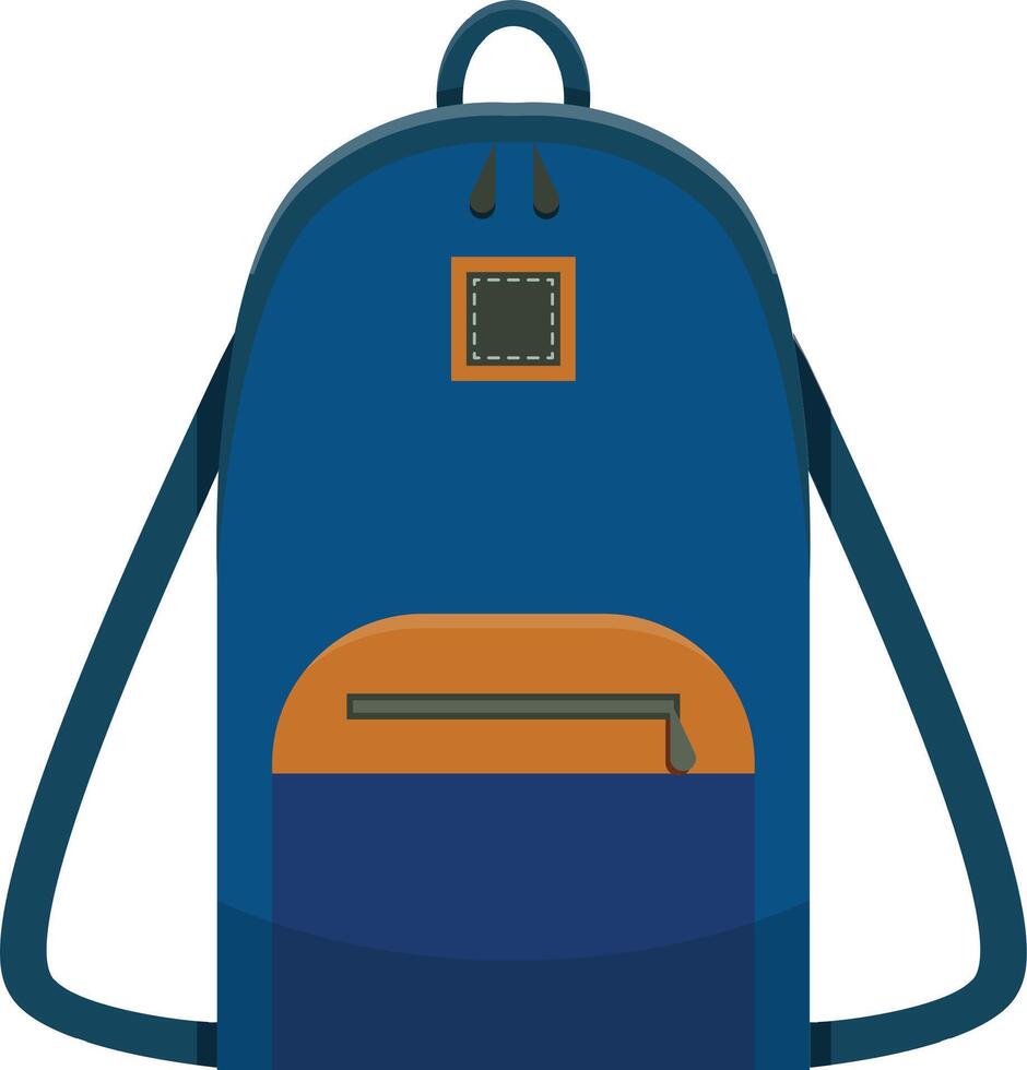 Illustration featuring a blue backpack standing up, showcasing its front pocket and straps. Ideal for representing back to school, travel, or carrying belongings vector