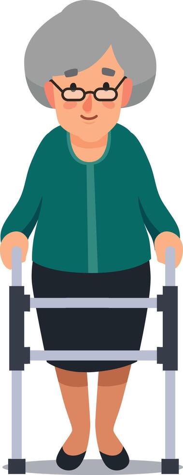 Illustration of an elderly woman with grey hair and glasses using a walker to help her stand and walk. She is smiling and appears to be in good spirits vector