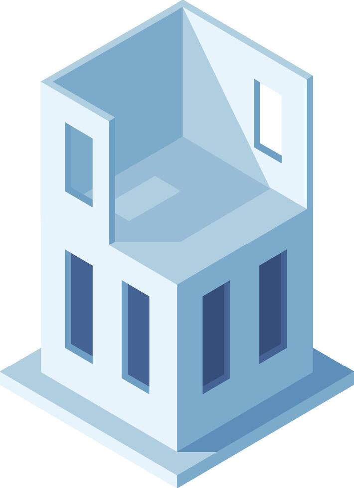 Modern building under construction with isometric windows showing progress. Engineers and contractors work on the site, creating a new urban landmark vector