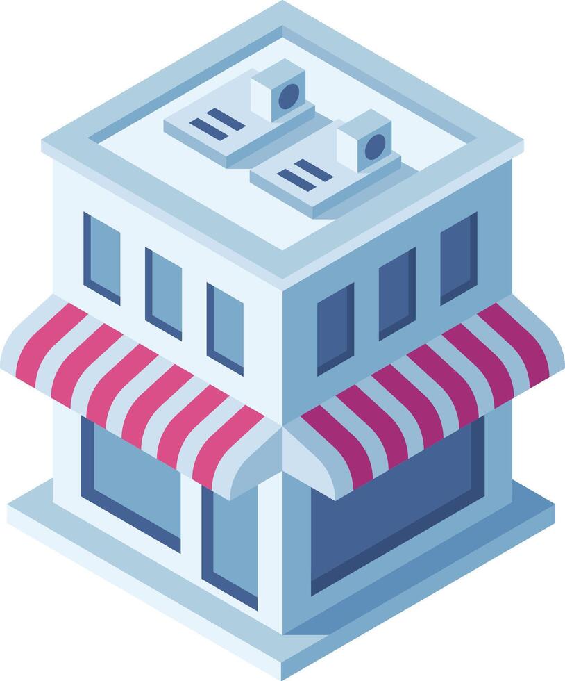 Isometric building with striped awnings representing modern architecture and urban development. This illustration can be used for city planning, real estate, and architectural projects vector