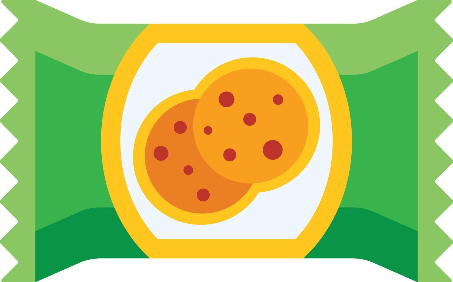 Peeking through the transparent center of a vibrant green and yellow snack package are two irresistible chocolate chip cookies. The delicious treats are sure to satisfy any sweet tooth craving vector