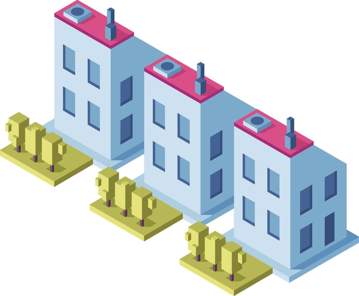 Three isometric buildings with trees are forming a row on a light background, ideal for architectural infographic designs vector