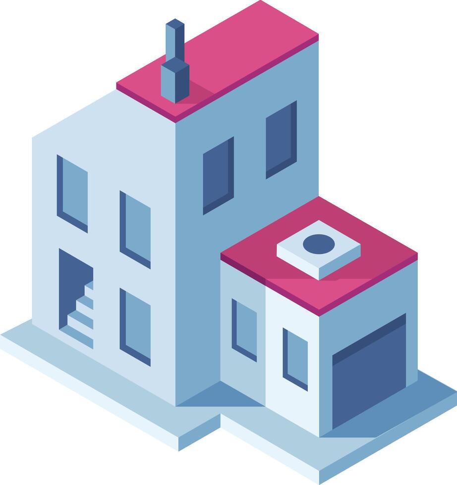 Minimalistic isometric building featuring a garage and a chimney, perfect for architectural visualizations, real estate projects, and urban planning concepts vector
