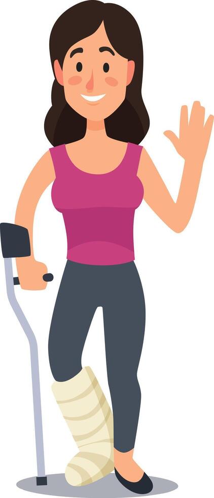 Young woman is standing and smiling with her broken leg in a cast while using crutches and waving her hand, showing her positive attitude towards recovery and rehabilitation after her injury vector