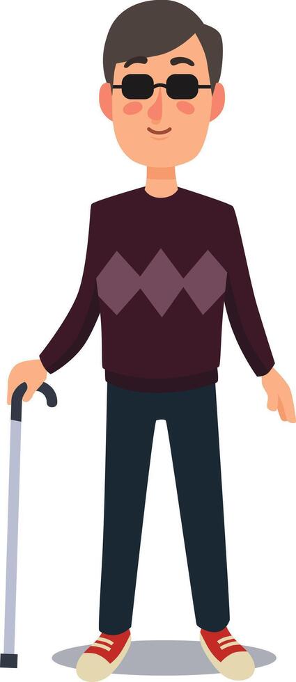 Smiling blind man confidently stands with his cane, exuding happiness and independence in casual clothes and dark glasses, embodying self reliance and determination vector