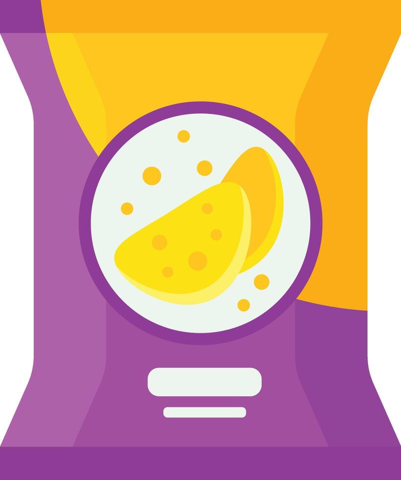 Illustration of a purple bag of chips with a yellow top, displaying two delicious looking chips on the front. Perfect for projects related to snacking, convenience food, or the food industry vector