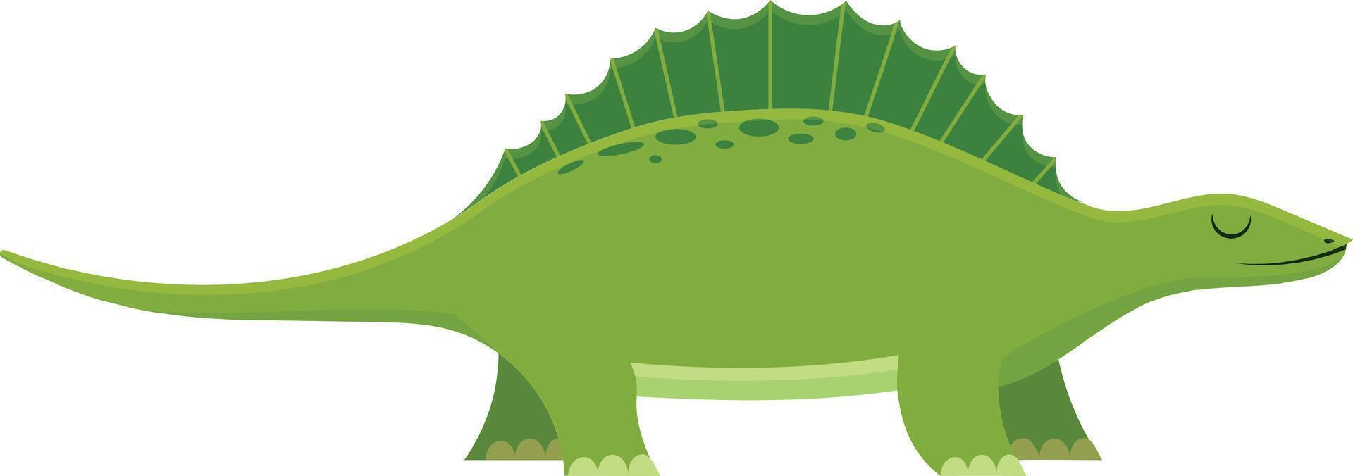 Friendly green dimetrodon dinosaur happily walks to the right on a white background, perfect for kids education and fun vector