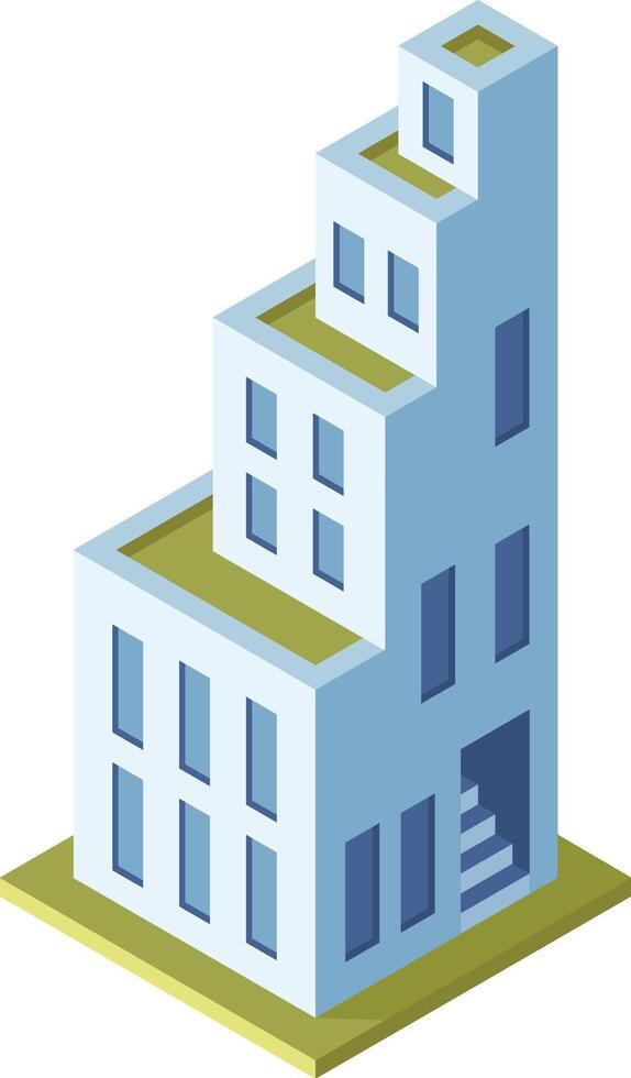 This isometric illustration showcases a modern building with green roofs, embodying the principles of sustainable and eco friendly architectural design vector