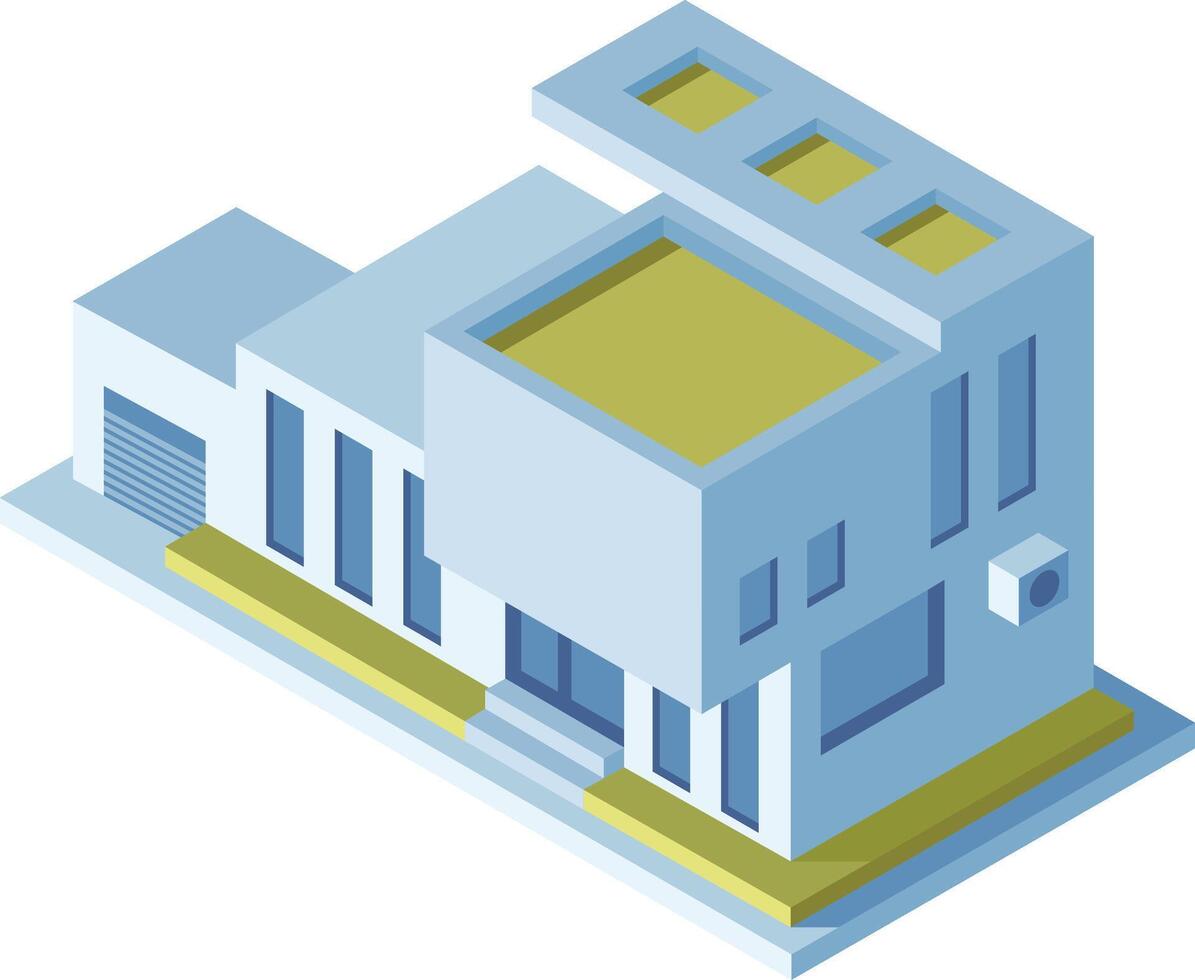 Isometric illustration featuring a modern, minimalist building with a rooftop terrace, large windows, and an attached garage, ideal for architectural and real estate projects vector